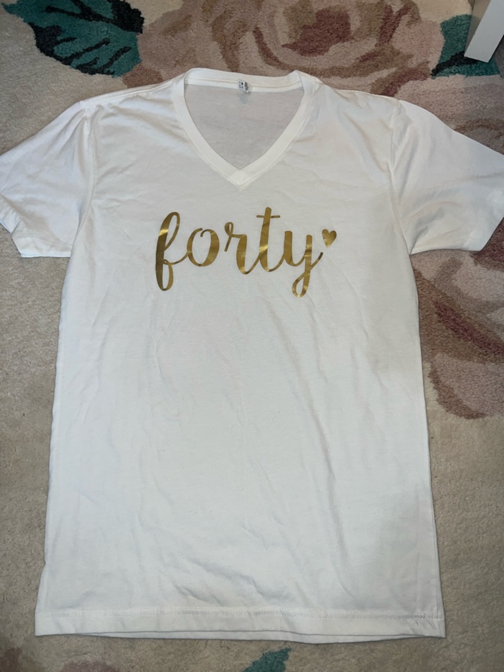 White V-Neck Tee with Gold "forty" Script